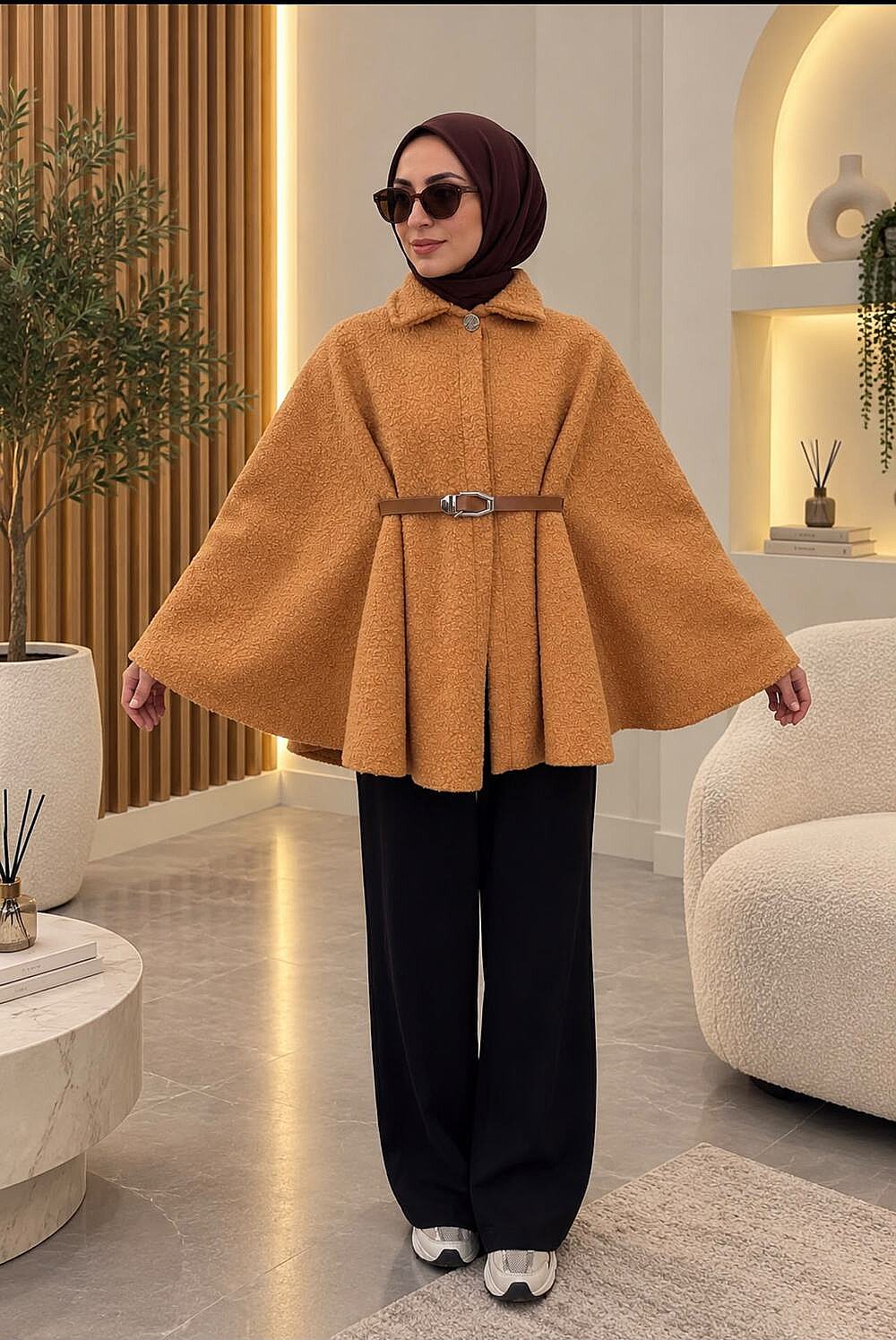 Buklet Kumaş Kemerli Yarasa Kol Panço - Hardal 3016 - 1