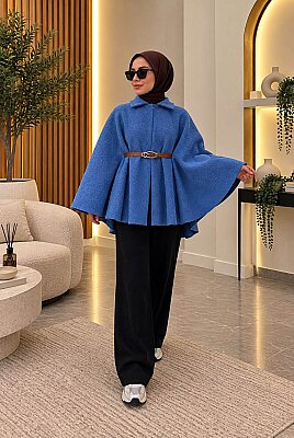 Buklet Kumaş Kemerli Yarasa Kol Panço - Saks 3016