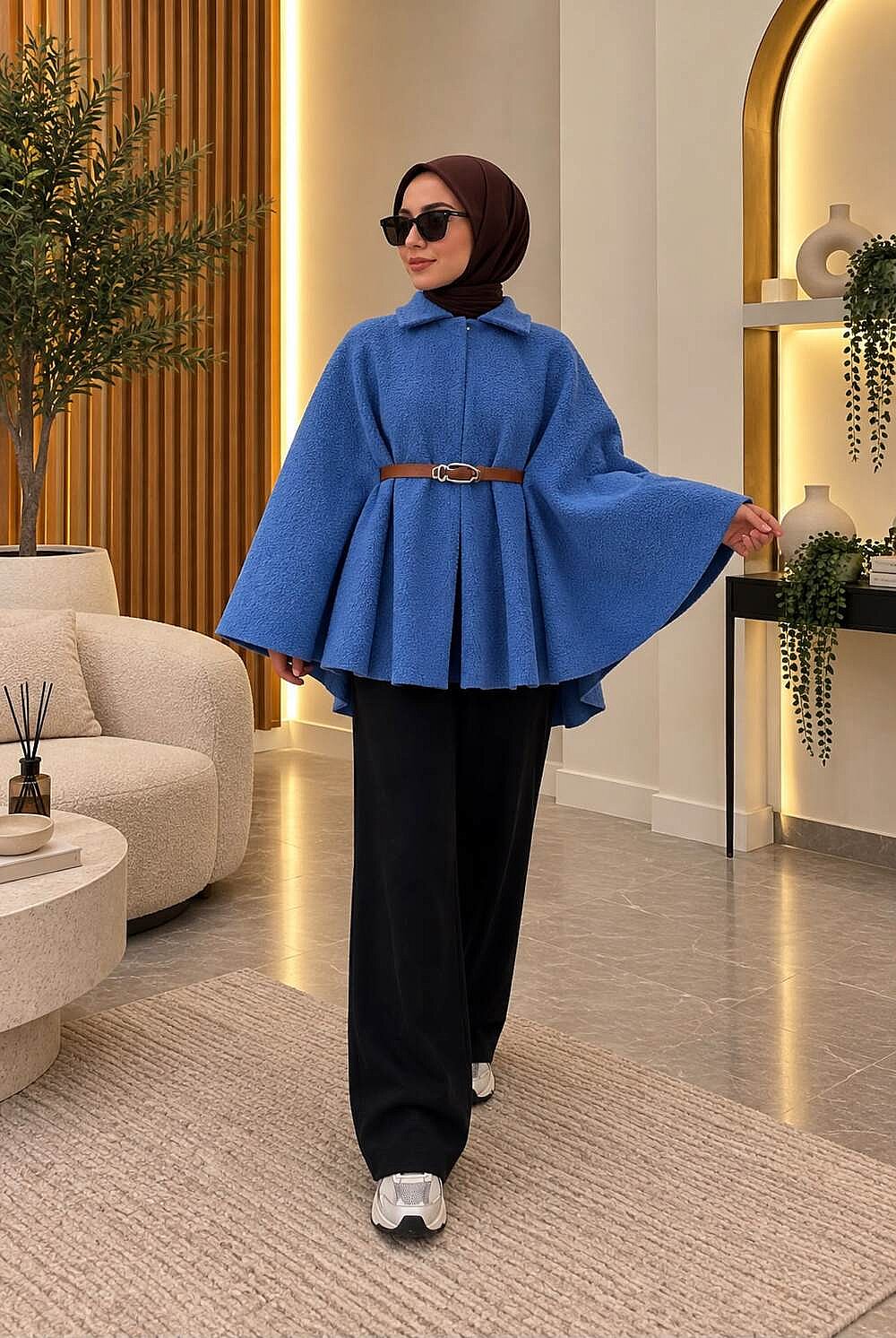 Buklet Kumaş Kemerli Yarasa Kol Panço - Saks 3016 - 1