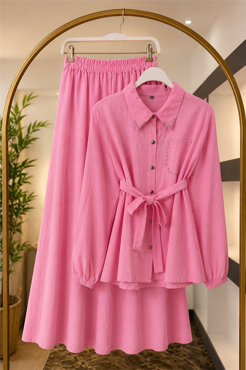 Cebi Taşlı Takım Modal Kumaş-Pembe - 1