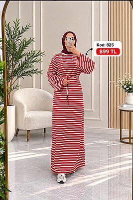 Çizgili Elbise - Kırmızı Beyaz 825