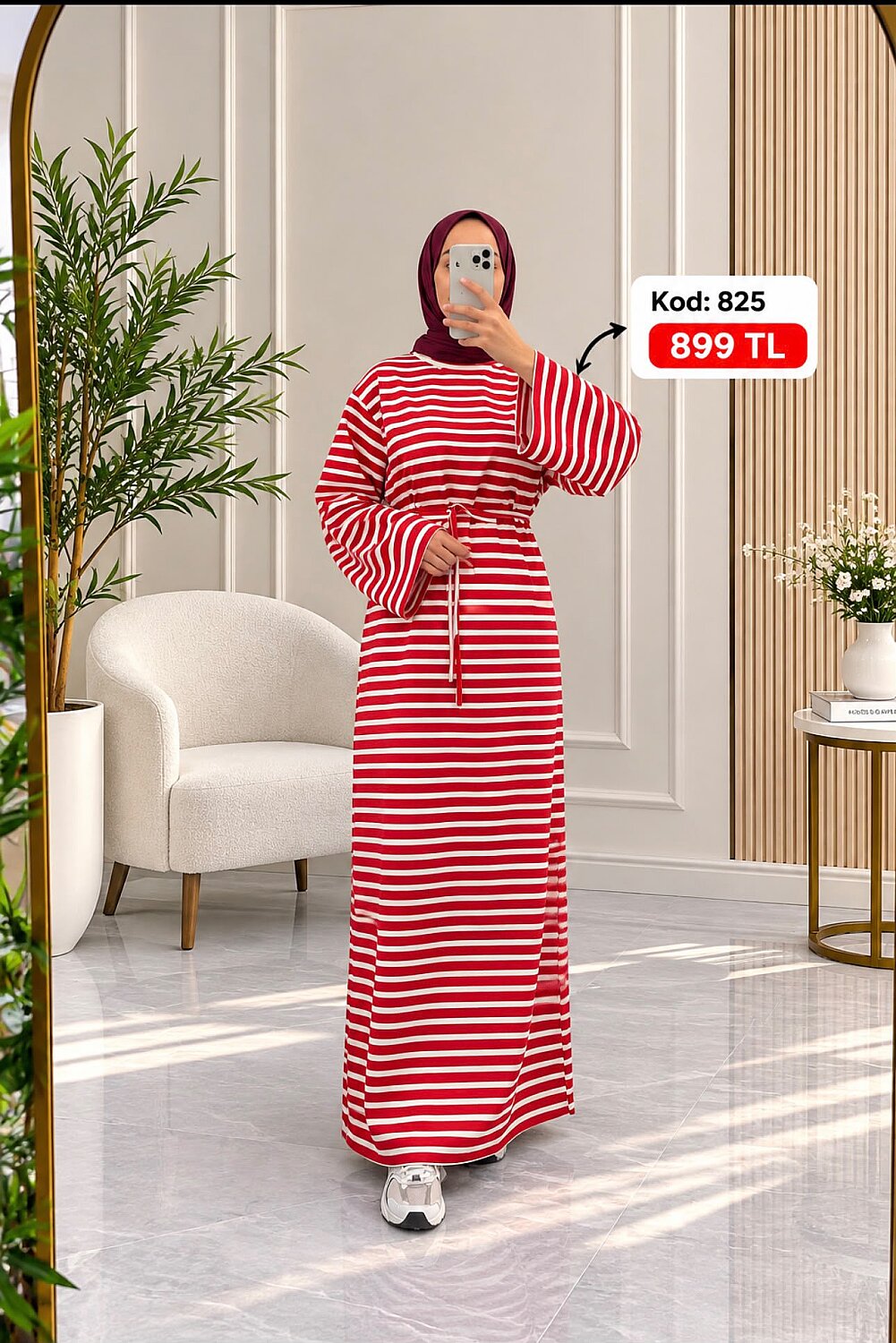 Çizgili Elbise - Kırmızı Beyaz 825 - 1