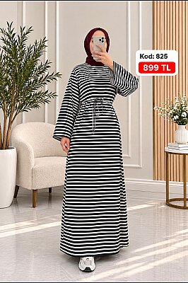 Çizgili Elbise - Siyah Beyaz 825