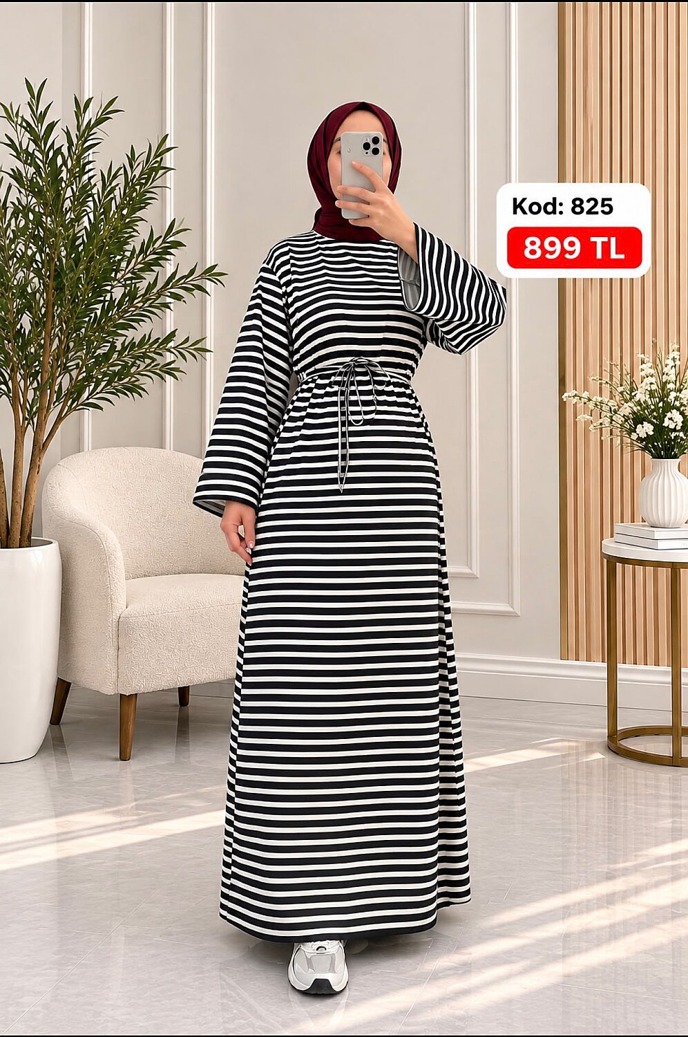 Çizgili Elbise - Siyah Beyaz 825 - 1