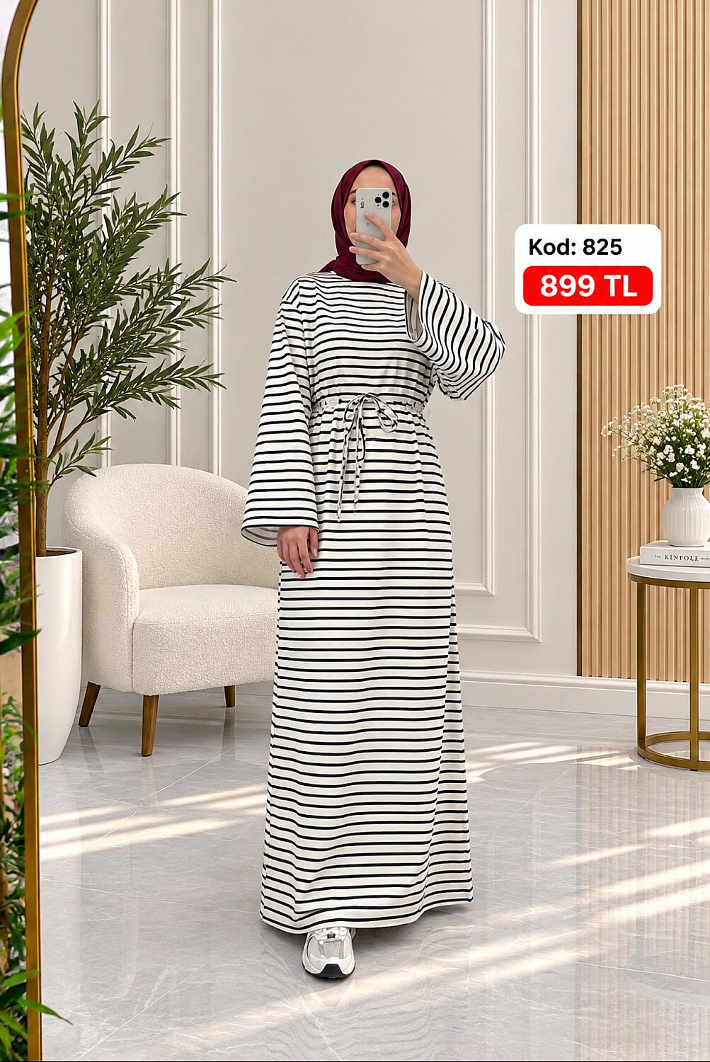 Çizgili Elbise - Siyah Beyaz 825 - 2