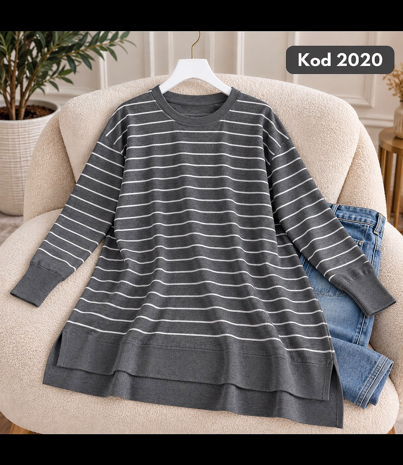 2020 Çizgili Triko Tunik - Antrasit - 1