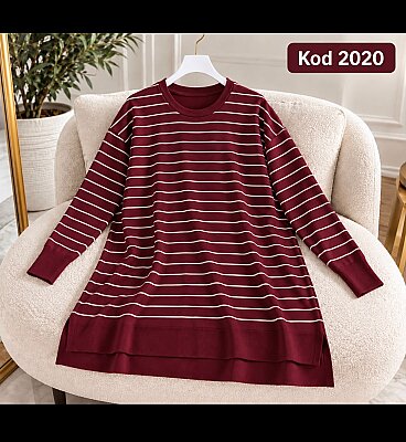 2020 Çizgili Triko Tunik - Bordo