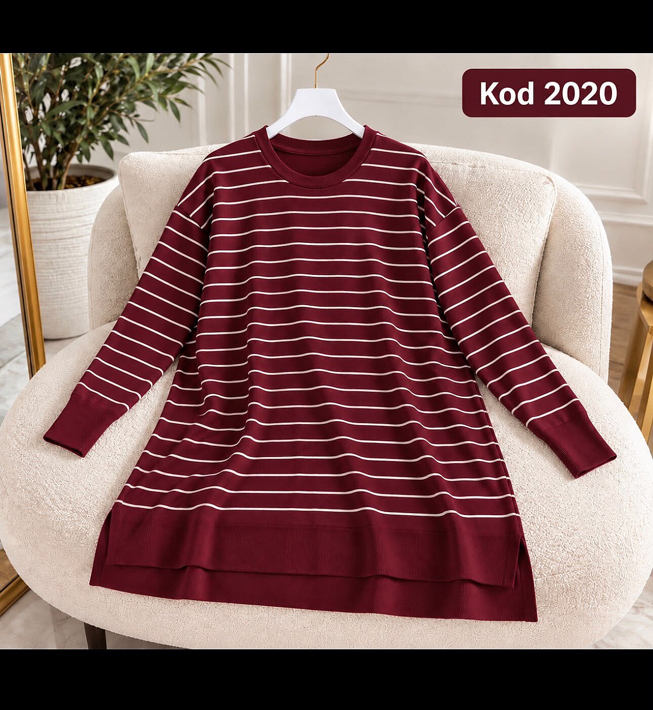 2020 Çizgili Triko Tunik - Bordo - 1