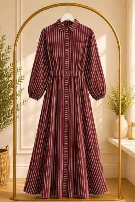 Gabardin Kumaş Beli Lastikli Önden Düğmeli-Kırmızı - 1