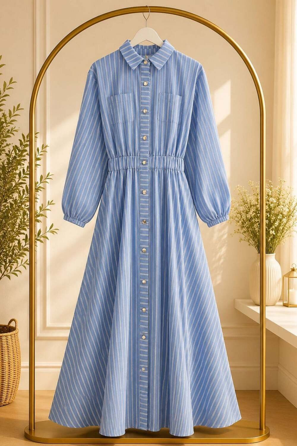Gabardin Kumaş Beli Lastikli Önden Düğmeli-Mavi - 1
