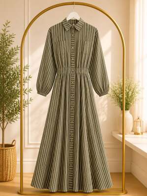 Gabardin Kumaş Beli Lastikli Önden Düğmeli-Yeşil - 1