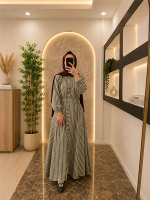 Gabardin Kumaş Beli Lastikli Önden Düğmeli-Yeşil - 2