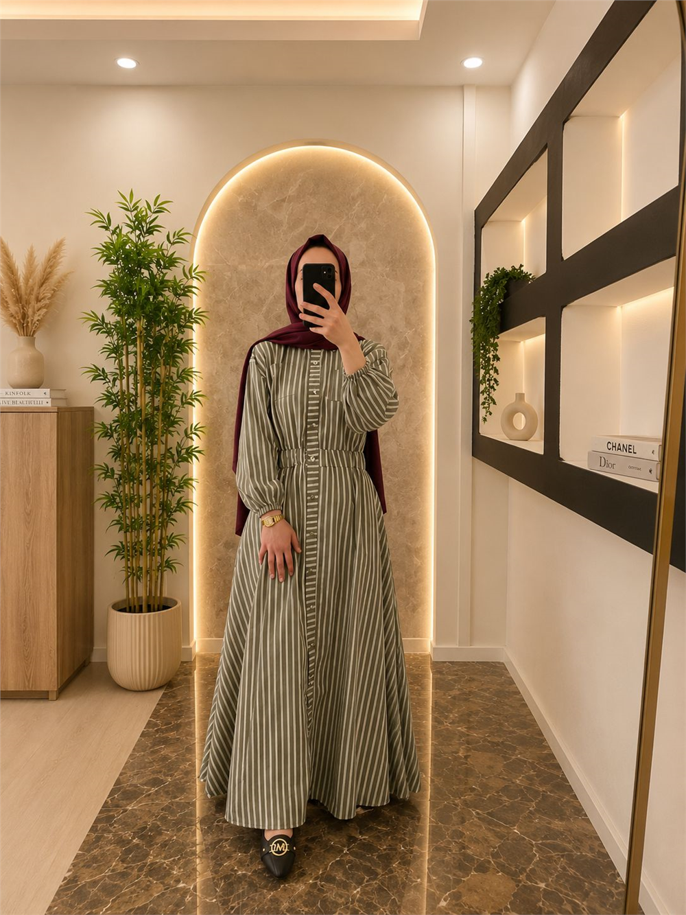 Gabardin Kumaş Beli Lastikli Önden Düğmeli-Yeşil - 2
