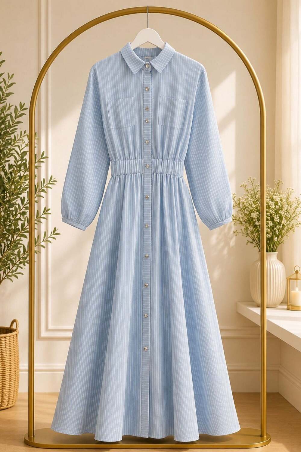Gabardin Kumaş Düğmeli Elbise-Açık Mavi - 1