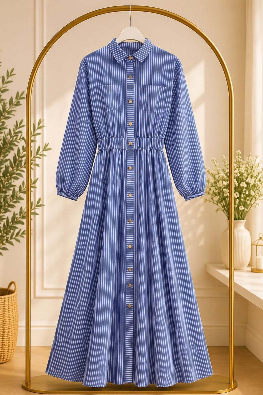 Gabardin Kumaş Düğmeli Elbise-Koyu Mavi - 1