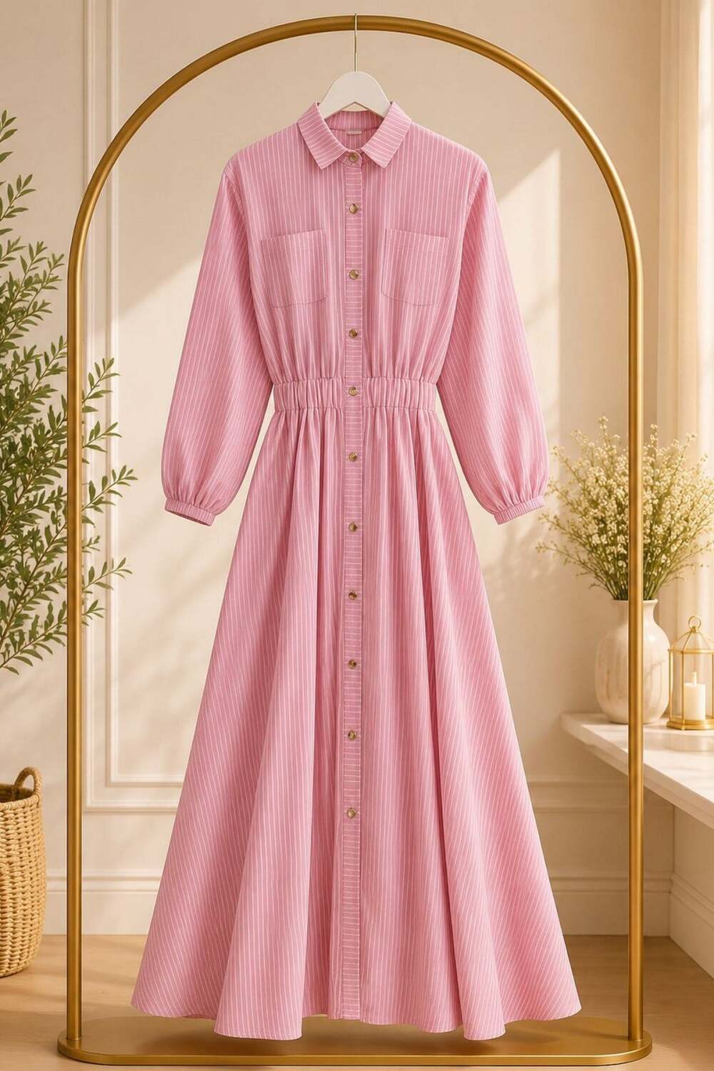 Gabardin Kumaş Düğmeli Elbise-Pembe - 1