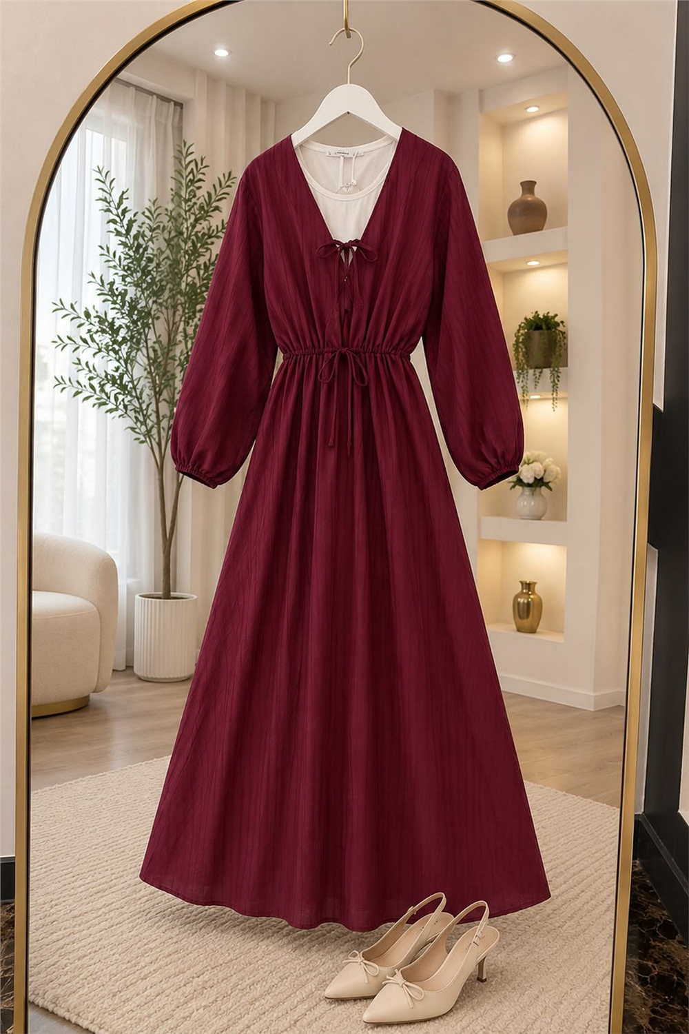 Gofre Kumaş Elbise-Bordo - 1