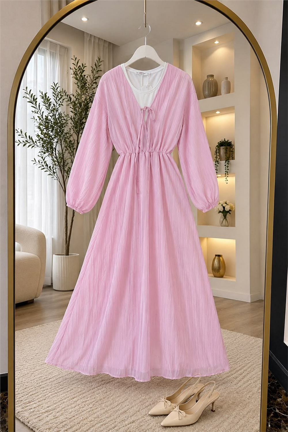 Gofre Kumaş Elbise-Pembe - 1