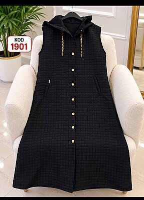 1109 Kapüşonlu Kapitone Uzun Yelek - Siyah