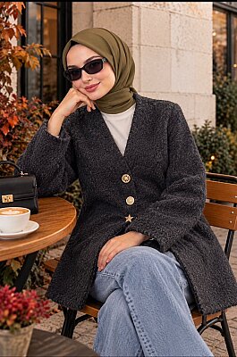 Kaşe Kumaş Altın Düğmeli V Yaka Ceket - Antrasit 55025
