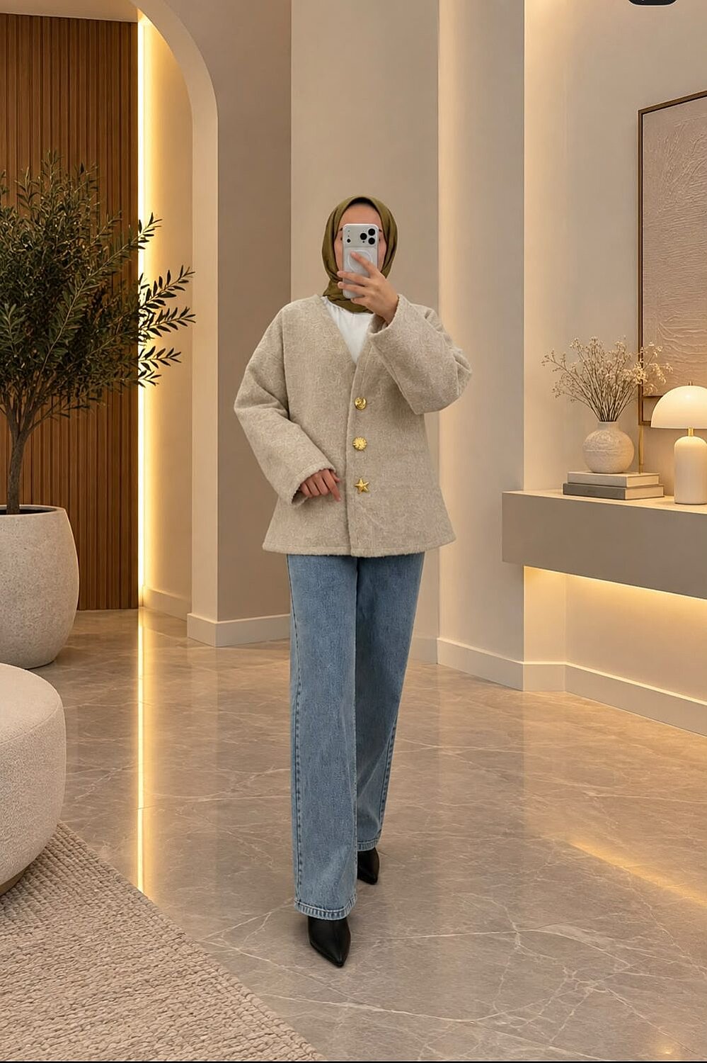 Kaşe Kumaş Altın Düğmeli V Yaka Ceket - Bej 55025 - 1