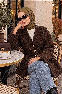 Kaşe Kumaş Altın Düğmeli V Yaka Ceket - Kahverengi 55025