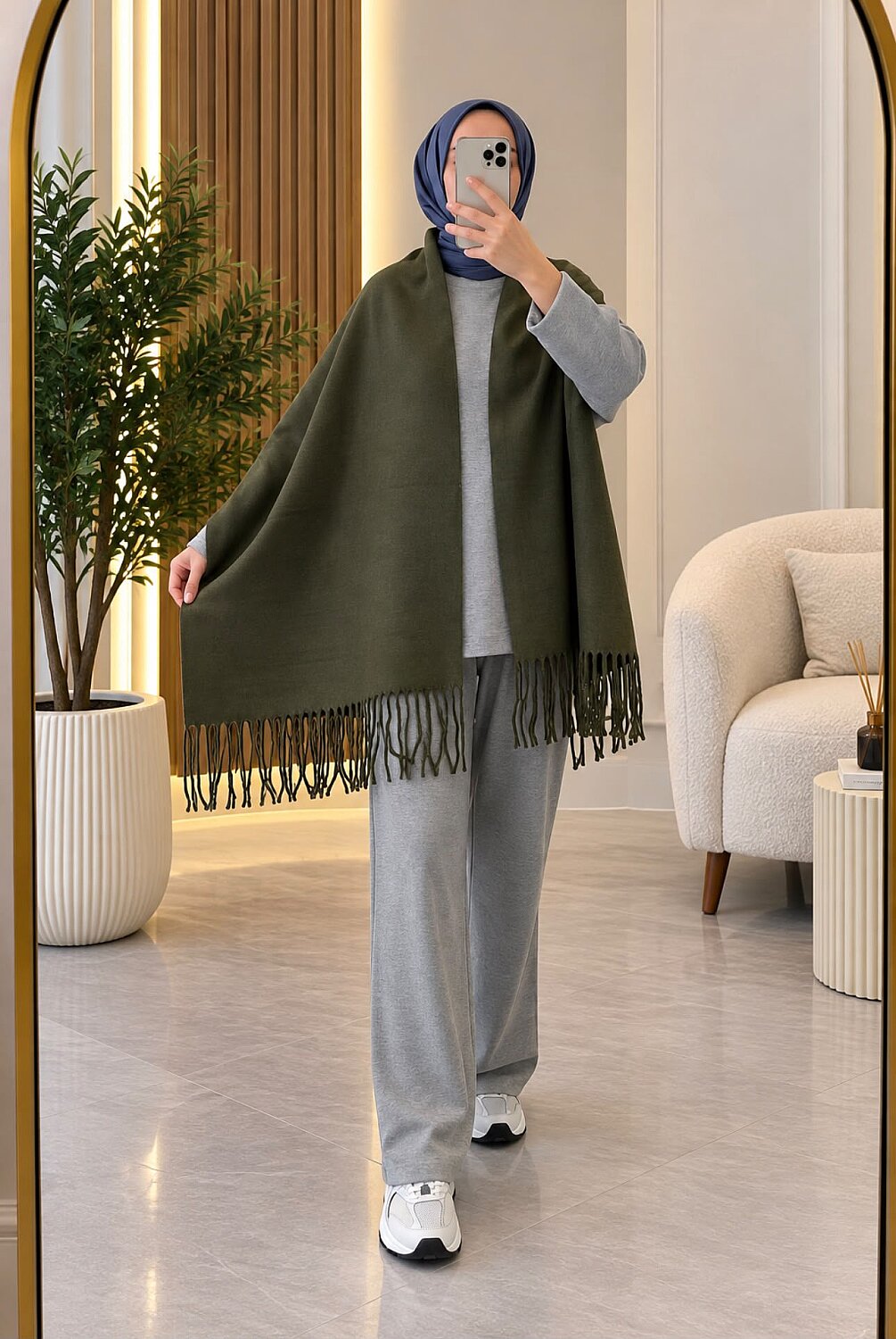 Kaşmir Püsküllü Şal - Haki 3103 - 1