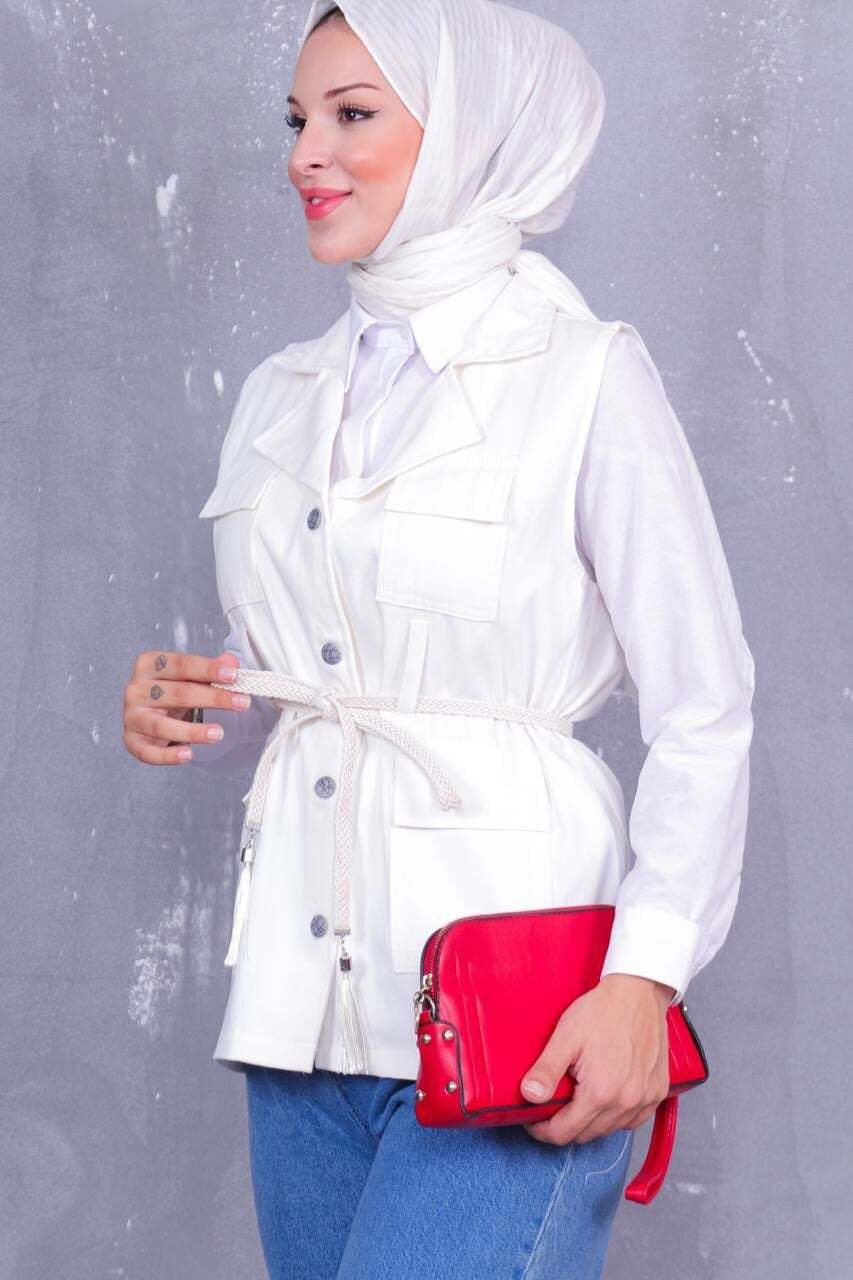 Kemerli Kot Yelek-Beyaz - 1