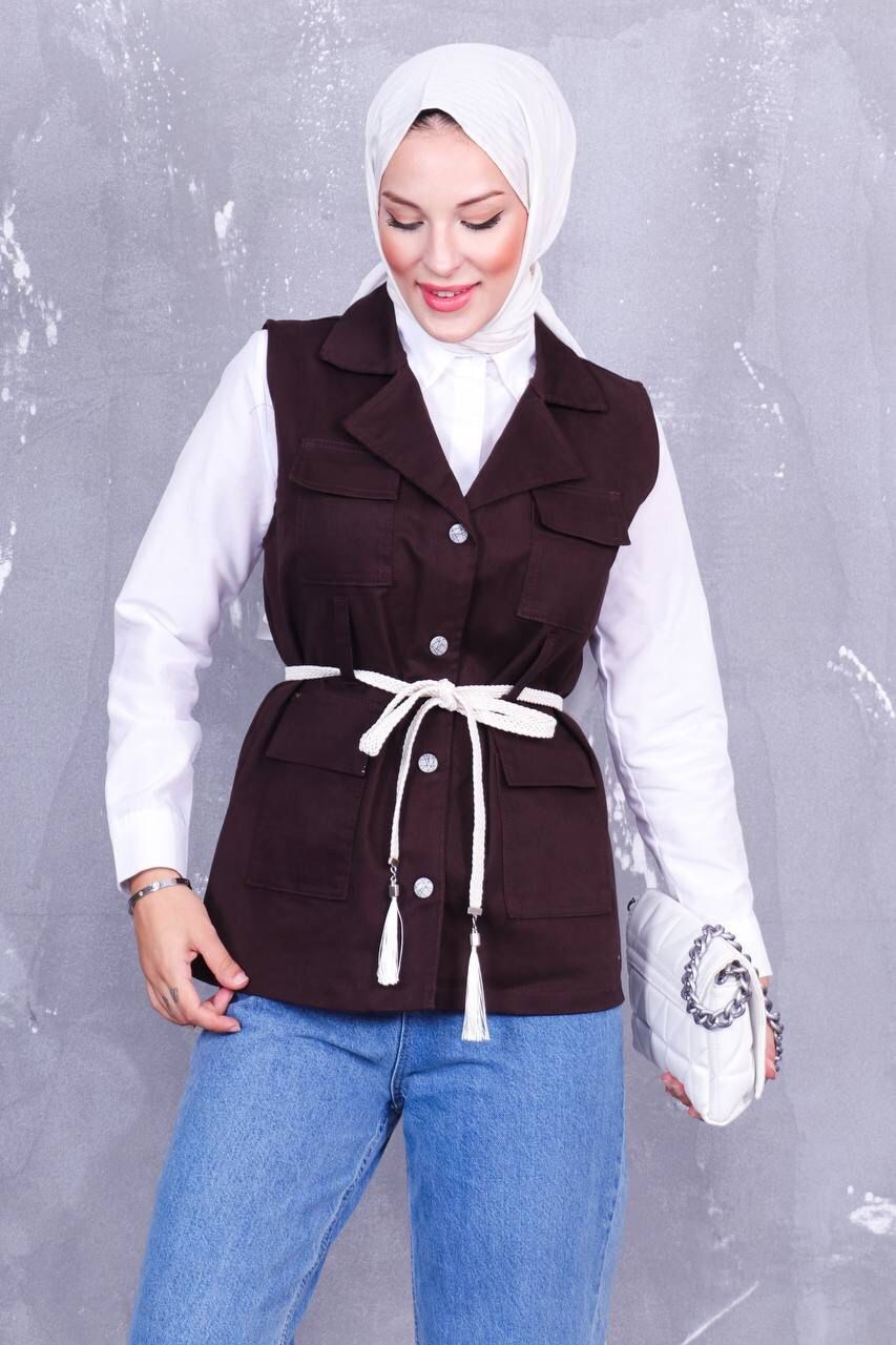 Kemerli Kot Yelek-Kahverengi - 1
