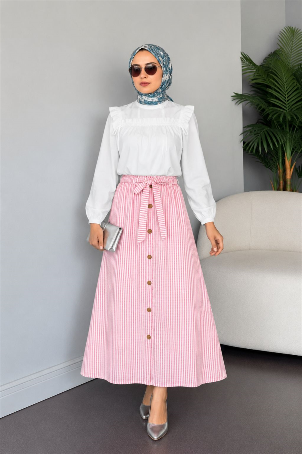 Kod 755 Lastikli Astarlı Etek Standart Beden-Pembe - 1