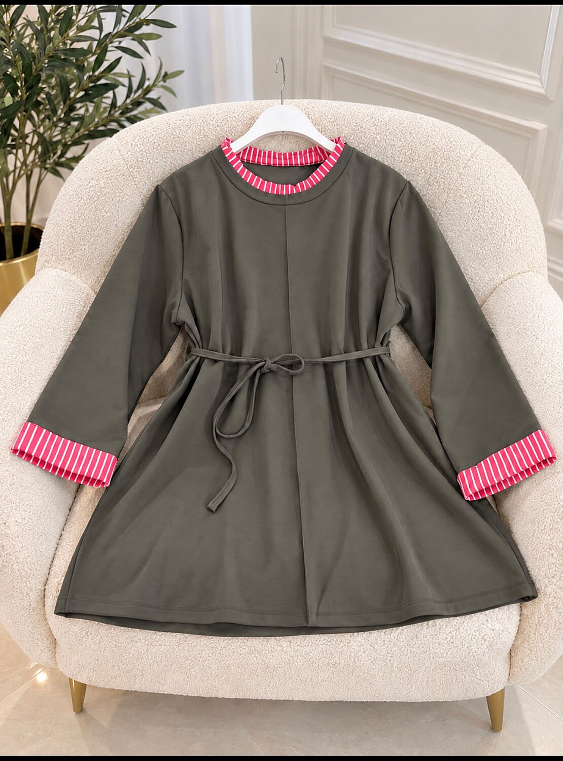 4037 Kol Ağzı Çizgili Tunik - Haki - 1