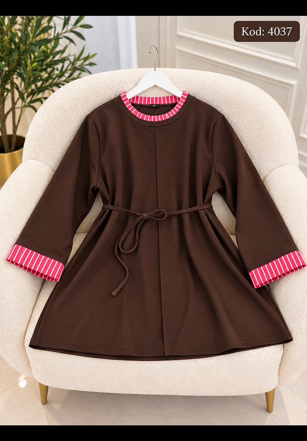 4037 Kol Ağzı Çizgili Tunik - Kahverengi - 1