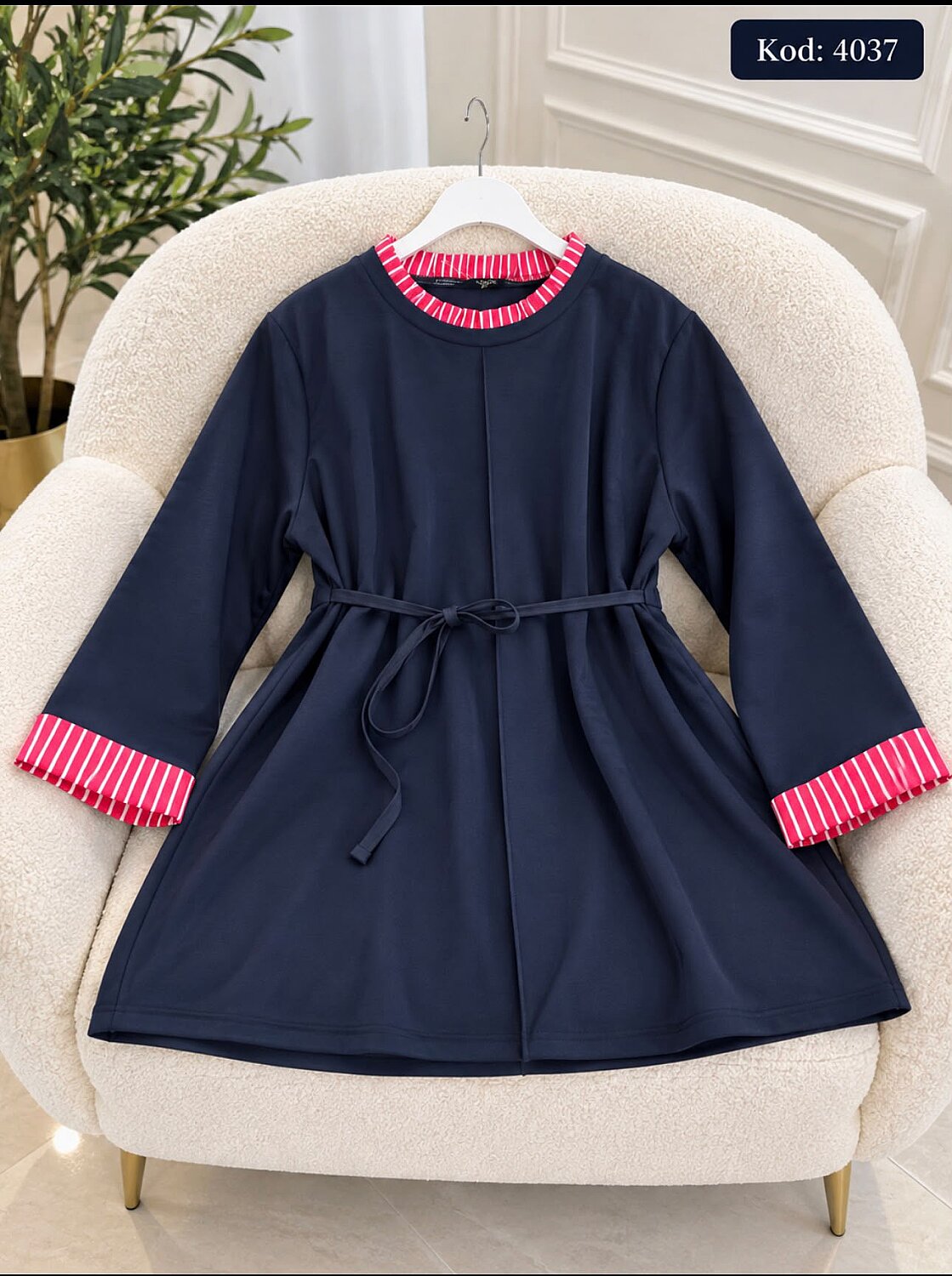 4037 Kol Ağzı Çizgili Tunik - Lacivert - 1