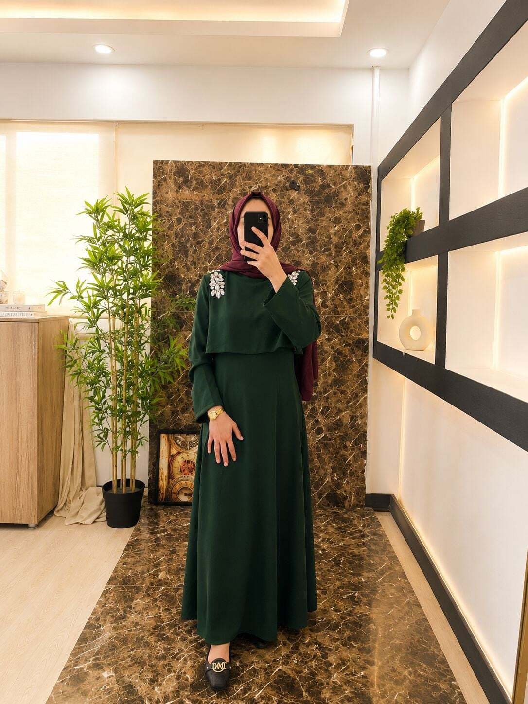 Kum Krep Elbise-Yeşil - 1