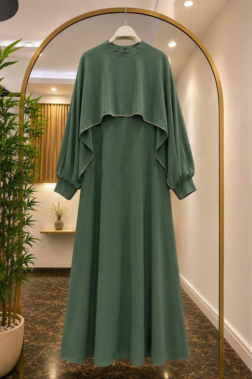 Kumkrep Taşlı Elbise-Yeşil - 1