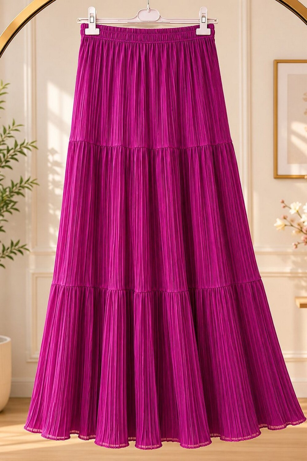 Lastikli Bel Pileli Etek-Pembe - 1