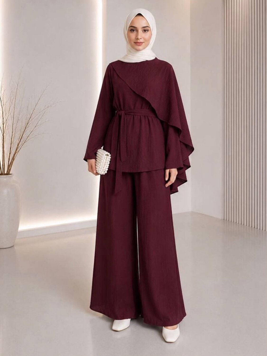 Lilium Kumaş Asimetrik Volanlı Tunik Pantolon Takım - Bordo YR2042 - 1