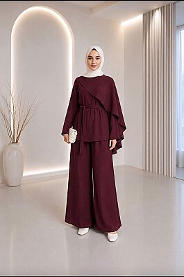 Lilium Kumaş Asimetrik Volanlı Tunik Pantolon Takım - Bordo YR2042 (1)