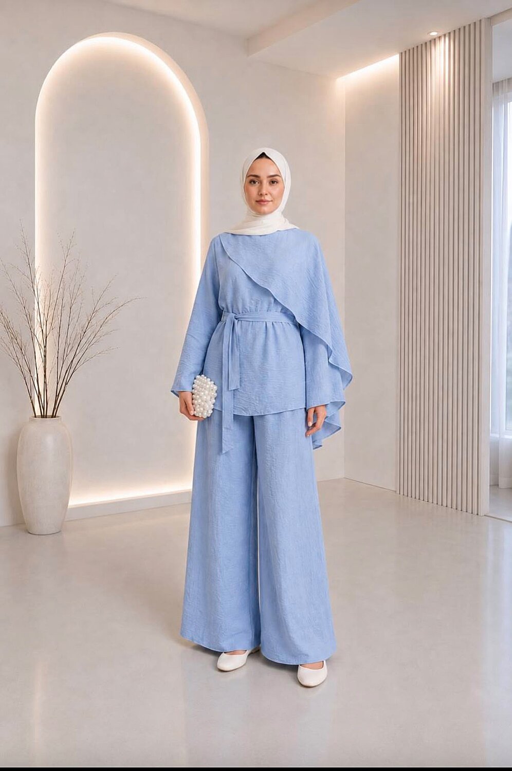 Lilium Kumaş Asimetrik Volanlı Tunik Pantolon Takım - Mavi YR2042 - 1