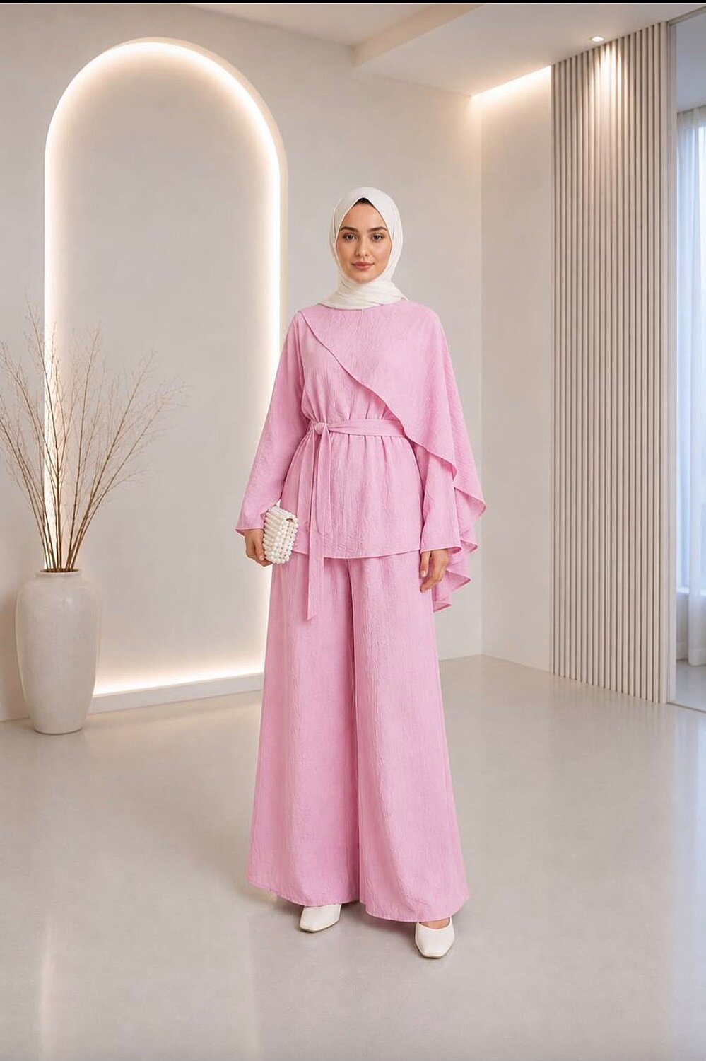 Lilium Kumaş Asimetrik Volanlı Tunik Pantolon Takım - Pembe YR2042 - 1