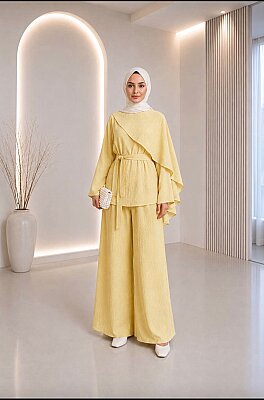 Lilium Kumaş Asimetrik Volanlı Tunik Pantolon Takım - Sarı YR2042