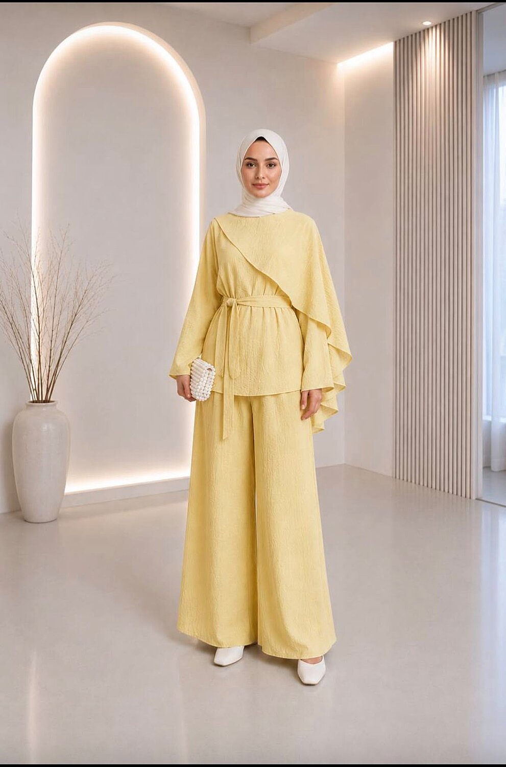 Lilium Kumaş Asimetrik Volanlı Tunik Pantolon Takım - Sarı YR2042 - 1