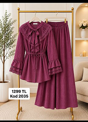 Lilium Kumaş Dantel Yakalı Fiyonklu Tunik Etek Takım - Fuşya YR2035
