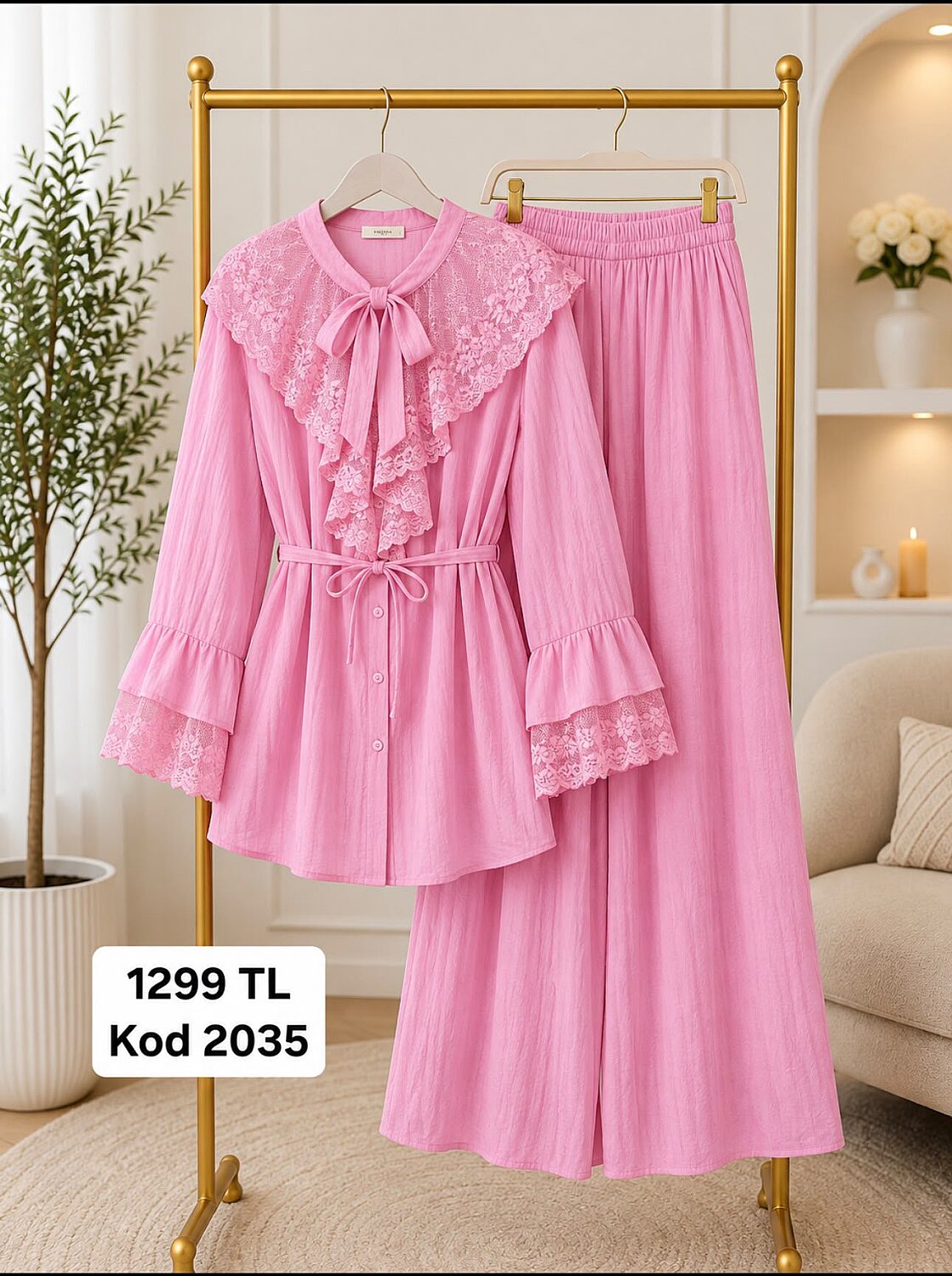 Lilium Kumaş Dantel Yakalı Fiyonklu Tunik Etek Takım - Pembe YR2035 - 1