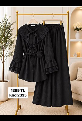 Lilium Kumaş Dantel Yakalı Fiyonklu Tunik Etek Takım - Siyah YR2035
