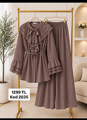Lilium Kumaş Dantel Yakalı Fiyonklu Tunik Etek Takım - Vizon YR2035