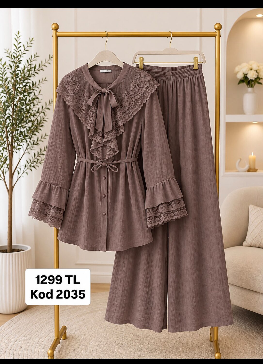 Lilium Kumaş Dantel Yakalı Fiyonklu Tunik Etek Takım - Vizon YR2035 - 1