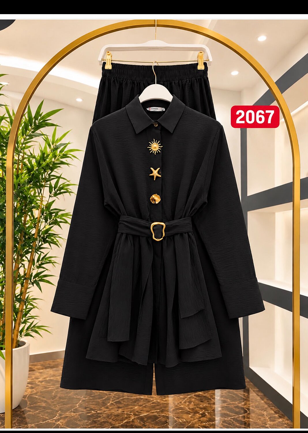 Lilium Kumaş Taşlı Düğmeli Kemerli Gömlek Tunik Etek Takım - Siyah YR2067 - 1