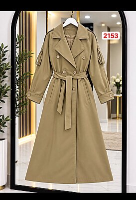 Mikro Kumaş Kruvaze Yaka Kuşaklı Uzun Trençkot - Camel 2153