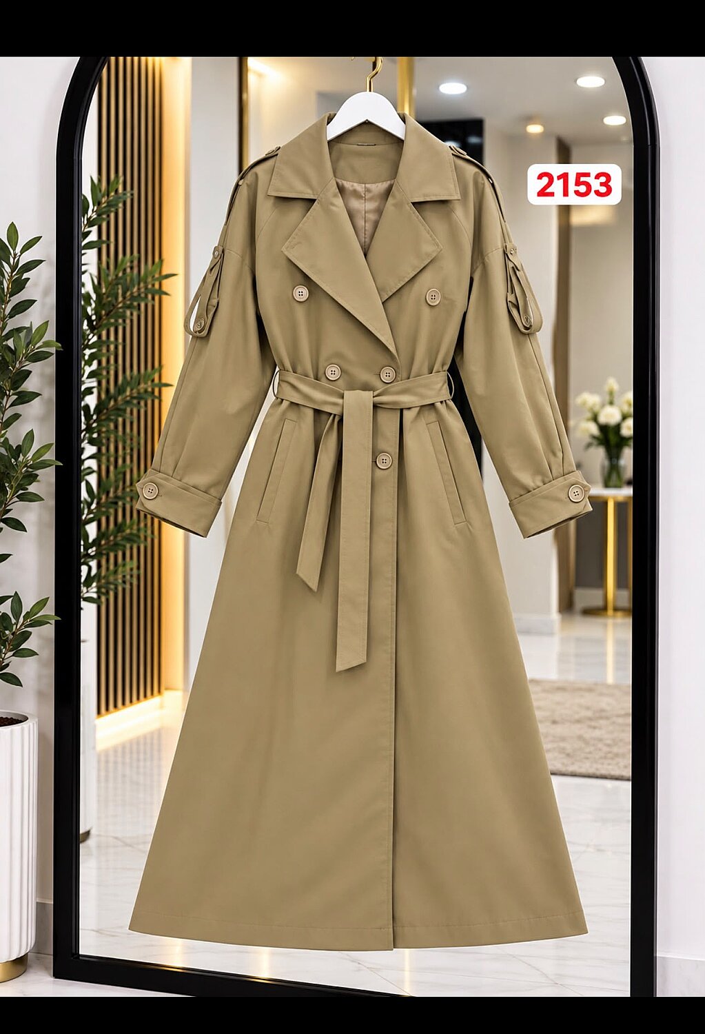 Mikro Kumaş Kruvaze Yaka Kuşaklı Uzun Trençkot - Camel 2153 - 1